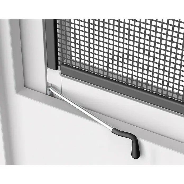 Easy Life easyLINE 2 Insektenschutzfenster XL - B x H: 150 x 210 cm, Weiß, Montage Insektengitter: Klemmen - Detailansicht eines weißen Fensters mit einem schwarzen Gitter und einem Fenstergriff.