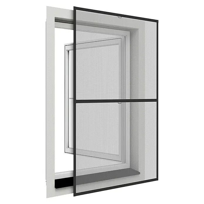 Easy Life easyLINE 2 Insektenschutzfenster XL - B x H: 150 x 210 cm, Anthrazit, Montage Insektengitter: Klemmen - Ein Fenster mit einem schwarzen Fliegengitter, das den Raum vor Insekten schützt und gleichzeitig eine gute Luftzirkulation ermöglicht.