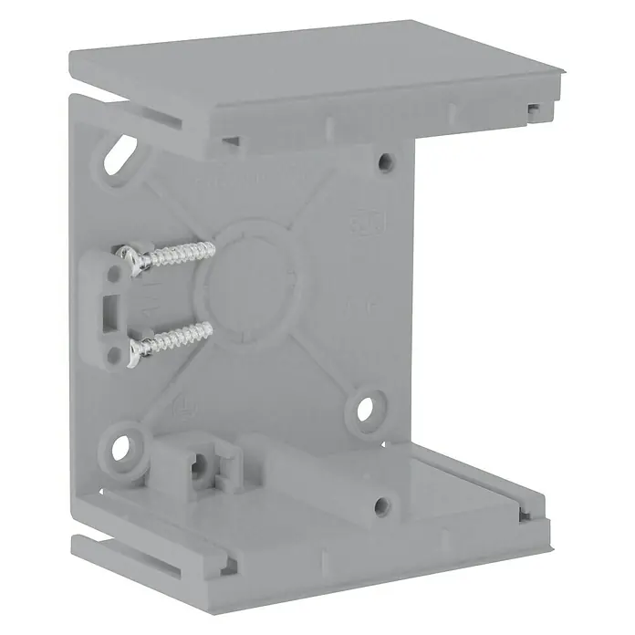 BJC Viva Caja de superficie de extensión plateado - 43 x 86 x 86 mm, Instalar - Primer plano de una caja de dispositivos electrónicos gris con tornillos y elementos de montaje. Apto para instalaciones electrónicas.