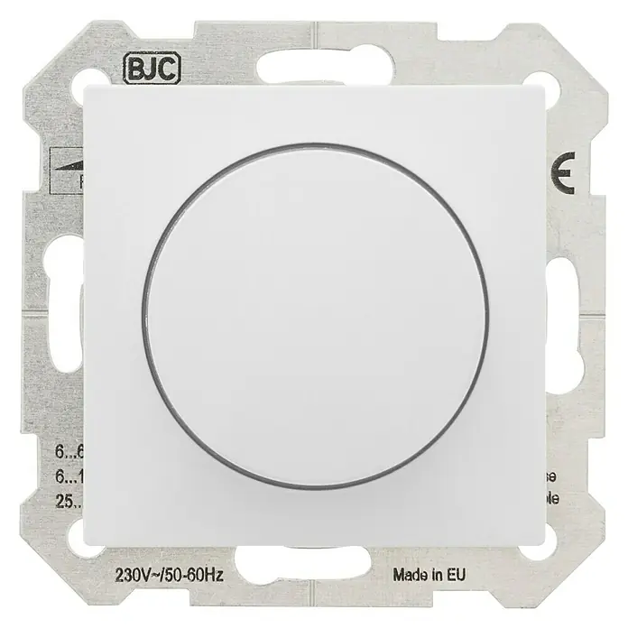 BJC Viva Regulador LED - Blanco, Plástico, Instalar - Primer plano de un interruptor de luz blanco BJC con un botón redondo y un marco metálico plateado, con una clasificación de 230V~/50-60Hz.
