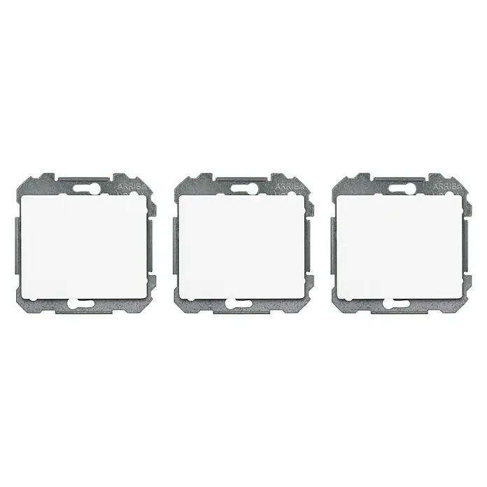 Siemens Delta Iris Conmutador Pack 3 - Blanco, Mate, Montaje en la pared - Tres interruptores de luz Arriba blancos están alineados en una fila sobre un fondo negro, mostrando una estética minimalista.