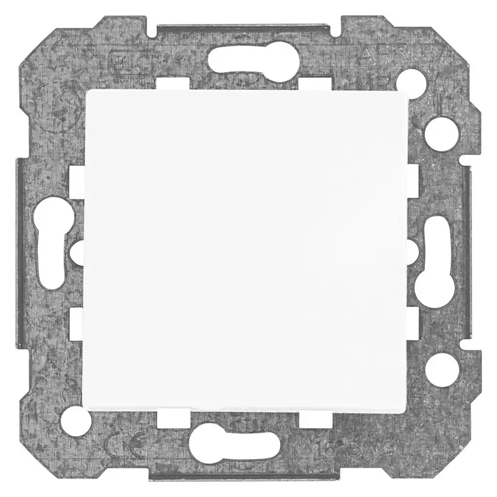 BJC Viva Conmutador con luz - Blanco, Montaje en la pared, 10 A - Primer plano de un interruptor blanco con un marco de metal galvanizado, mostrando un diseño minimalista y funcional.