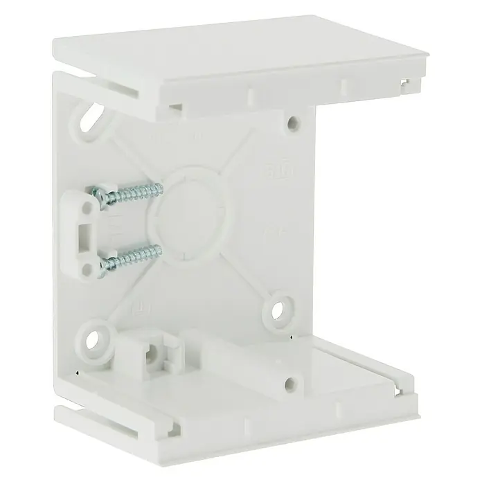BJC Viva Caja de superficie de extensión blanco - 43 x 86 x 86 mm, Instalar - Primer plano de una caja de distribución de superficie modular blanca, que permite una instalación eléctrica versátil y ordenada.
