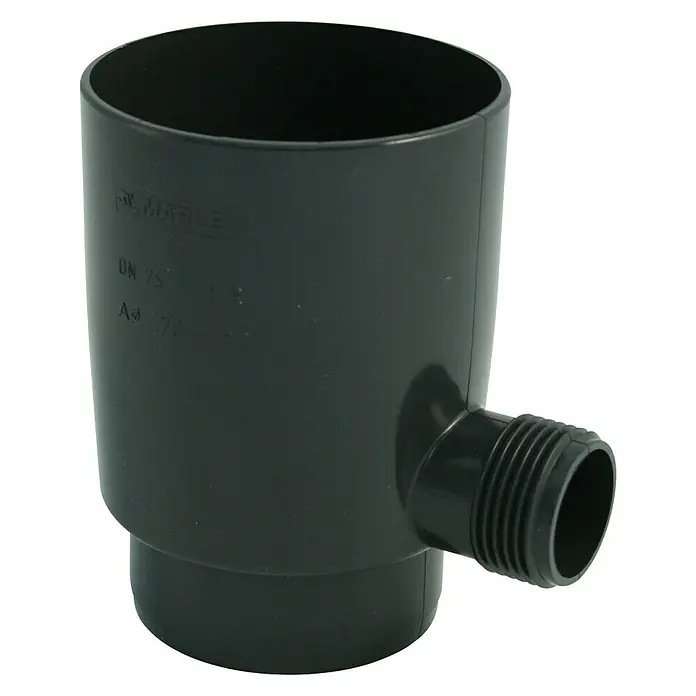 Marley Regensammler - Nennweite: 75 mm, Kunststoff, Anthrazit - Das Bild zeigt einen schwarzen Siphon mit einem seitlichen Abgang, ideal für Sanitärinstallationen.