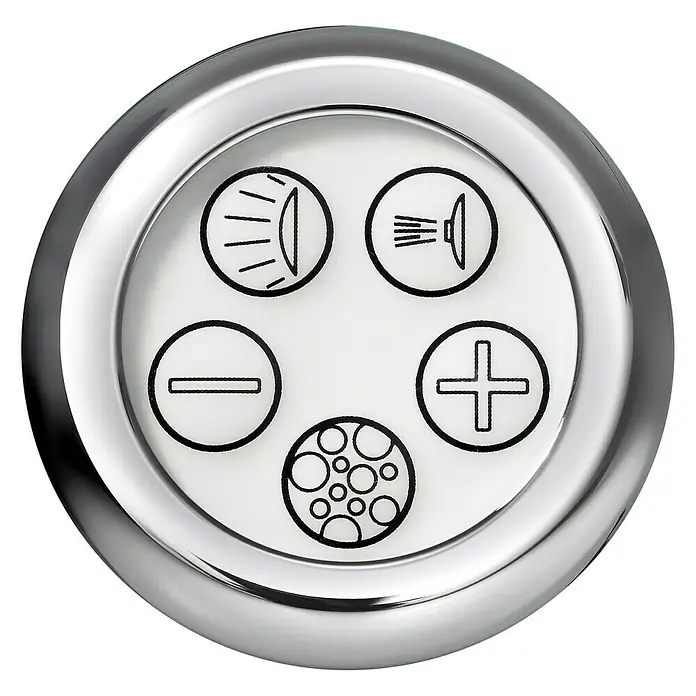 Ottofond Whirlpool Palermo - 190 x 90 cm, Sanitäracryl, Weiß, Inklusive Ab- und Überlaufgarnitur mit Wassereinlauf und Wannenrandarmatur S2000 - Nahaufnahme eines runden, silbernen Bedienfelds mit verschiedenen Symbolen für die Einstellung von Gerätefunktionen.