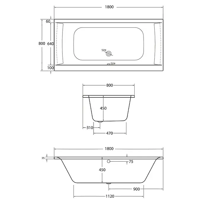 Ottofond Whirlpool Palermo - 180 x 80 cm, Sanitäracryl, Weiß, Inklusive Ab- und Überlaufgarnitur - Technische Zeichnung einer Badewanne mit Maßangaben zu Länge, Breite und Höhe für Installationszwecke.