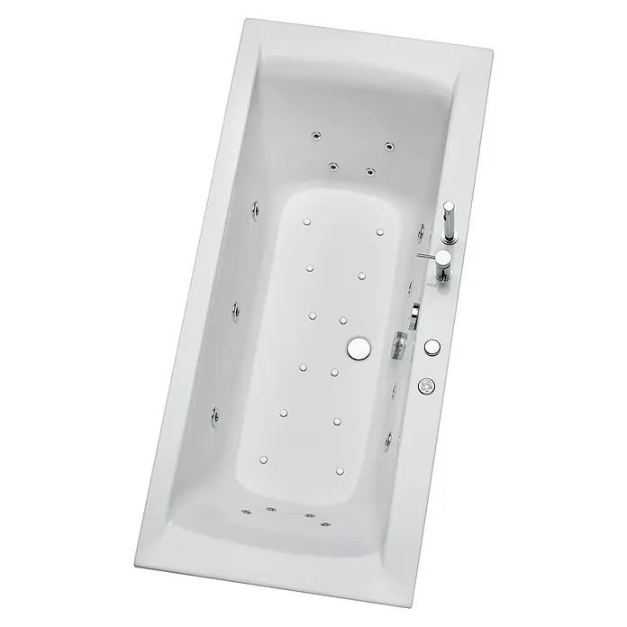 Ottofond Whirlpool Palermo - 190 x 90 cm, Sanitäracryl, Weiß, Inklusive Ab- und Überlaufgarnitur mit Wassereinlauf und Wannenrandarmatur S2000 - Weisse Whirlpool-Badewanne mit rechteckiger Form und eingebauten Düsen für ein entspannendes Badeerlebnis. Moderne Armaturen inklusive.