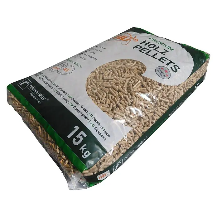 Holzpellets Premium HD+ - 15 kg - Abbildung eines 15 kg Sackes Premium Holzpellets der Marke Rettenmeier, ideal zum Heizen mit hoher Qualität und Energiewert.