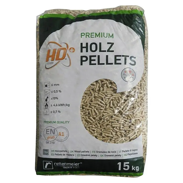 Holzpellets Premium HD+ - 15 kg - Sack Premium Holzpellets mit Leistungsdaten und Zertifizierungen für Heizzwecke.