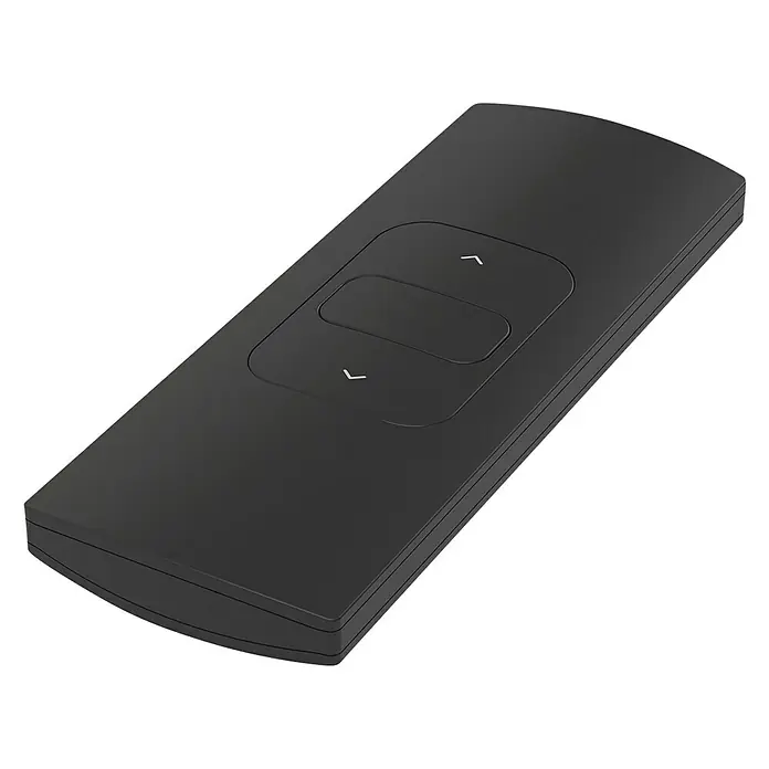 Funkhandsender MotionBlinds Smart Home Remote Control - 1-Kanal - Schwarze Fernbedienung mit zwei Richtungstasten. Das Gerät ist minimalistisch gestaltet und liegt auf einem schwarzen Hintergrund.
