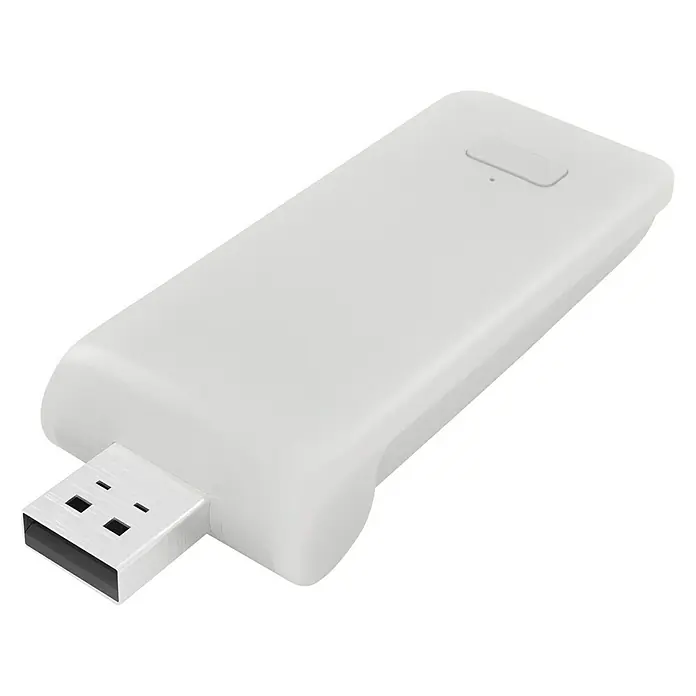WiFi-Bridge MotionBlinds Smart Home - Passend für: MotionBlinds Rollo-Motor CMD-02 Pull und CMD-03 Bluetooth, Weiß - Nahaufnahme eines weißen USB-WLAN-Adapters vor einem neutralen Hintergrund.