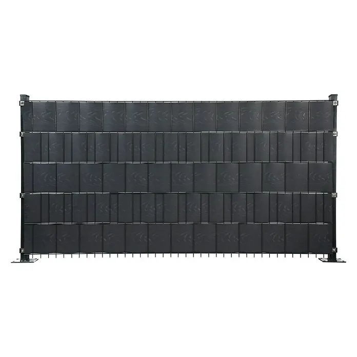 Sichtschutzstreifen - 251,5 x 19 cm, PVC, Anthrazit - Ein großes Paneel, bestehend aus mehreren kleinen, schwarzen Paneelen. Die Paneele sind in einem Rahmen befestigt.