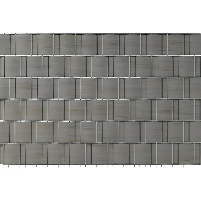 Sichtschutzstreifen - 201,5 x 19 cm, PVC, Silber - Produktbild eines modernen grauen Sichtschutzzauns mit Metalleinfassung. Ideal für den Garten oder die Terrasse, um Privatsphäre zu schaffen.