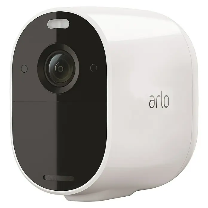 Arlo Überwachungskamera Essential 3er Set - 1.080 Pixel (Full HD), Erfassungswinkel: 130 °, Weiß, 3 Stk. - Nahaufnahme einer kabellosen Arlo Pro 4 Überwachungskamera in Weiß und Schwarz.