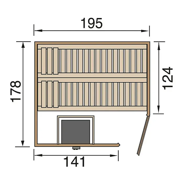 Finnwood Massivholzsauna Bjoern 2 - Elektroofen, Steuerung Ofen: Integriert, L x B x H: 178 x 195 x 203 cm - Grundriss einer Sauna mit den Maßen 195 x 178 x 124 x 141 cm, der einen detaillierten Überblick über die Anordnung der Saunakabine bietet.