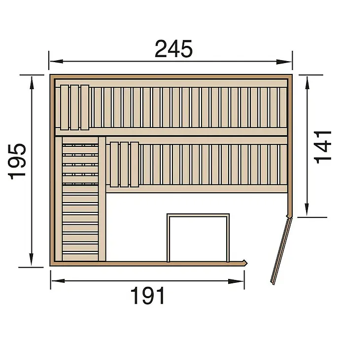 Finnwood Massivholzsauna Bjoern 3 - Elektroofen, Steuerung Ofen: Extern, L x B x H: 195 x 245 x 205 cm - Grundriss einer Sauna mit Maßen. Die Sauna hat Bänke, eine Tür und einen Ofen. Die Maße sind in Zentimetern angegeben.