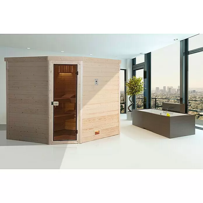 Finnwood Massivholzsauna Bjoern 3 - Elektroofen, Steuerung Ofen: Extern, L x B x H: 195 x 245 x 205 cm - Stimmungsaufnahme