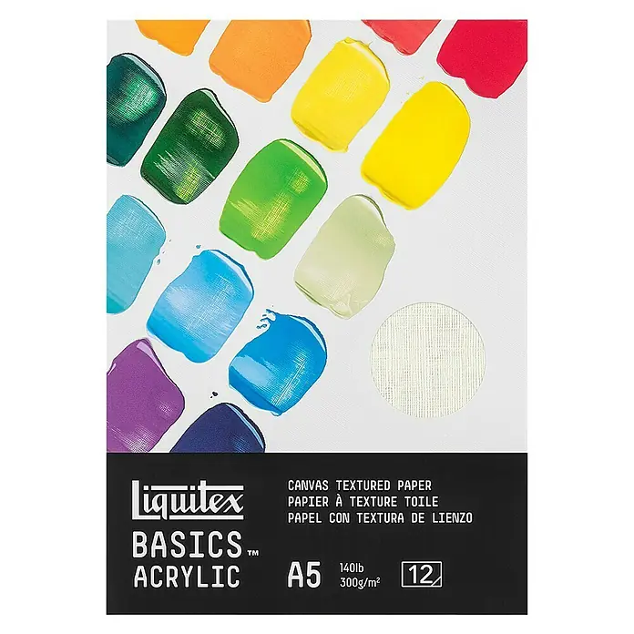 Liquitex Basics Acrylblock - 300 g/m², DIN A5, Anzahl Blätter: 12 Stk. - Die Liquitex Basics Acrylfarben, erhältlich als A5 Leinwandstrukturpapier, mit 12 Blatt und einer Grammatur von 300g/m².