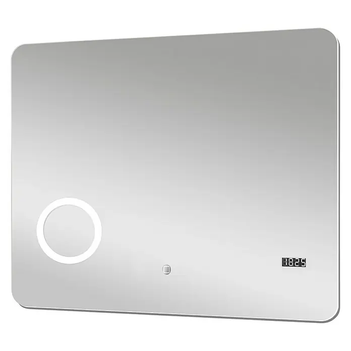 DSK Lichtspiegel Silver Shadow - 80 x 70 cm - Ein rechteckiger, moderner Spiegel mit abgerundeten Ecken, integriertem LED-Lichtkreis und einer digitalen Uhranzeige.
