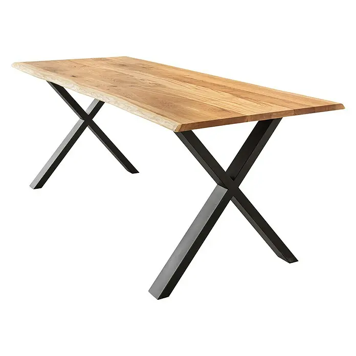 Pur Iternal Black Edition Tischbein - 700 x 100 x 723 mm, Schwarz, X-Form, Passend für: Tischplatten Breite 80 – 90 cm, 2 Stk. - Ein moderner Esstisch mit einer hellen Holzplatte und einem markanten, schwarzen X-förmigen Metallgestell für ein stilvolles Ambiente.