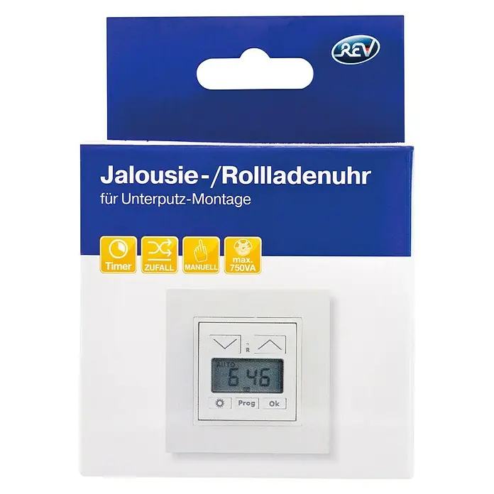 REV Rollladensteuerung Zeitschaltuhr Komplettgerät - Weiß, Unterputz - Bild einer Jalousie-/Rollladenuhr zur Unterputz-Montage, die eine präzise Steuerung von Rollläden ermöglicht.