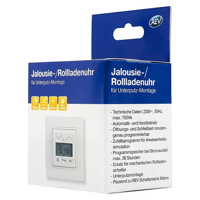 REV Rollladensteuerung Zeitschaltuhr Komplettgerät - Weiß, Unterputz - Produktverpackung einer REV Jalousie-/Rollladenuhr zur Unterputz-Montage mit Timer, Zufallsgenerator und manueller Steuerung.