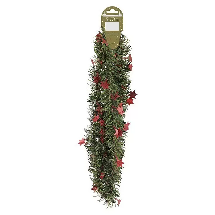 Christbaumschmuck - Eckig, Länge: 2,7 m - Grüne Weihnachtsgirlande mit roten Glitzersternen und 2,70m Längenetikett.