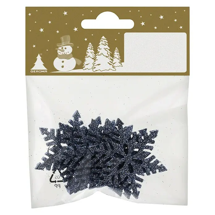Dekoelement - Blau, Holz, Sonstige - Eine Packung glitzernde, dunkelblaue Schneeflocken-Ornamente, verpackt in einer durchsichtigen Plastiktüte mit goldenem Aufhänger.