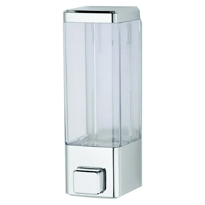 CM Baños Dispensador de jabón ABS - Plástico, Cromo - Un dispensador de jabón transparente de forma cuadrada con detalles cromados para el baño.