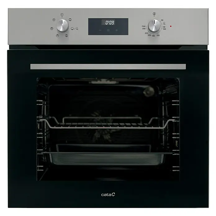 Cata Horno empotrado MDS 7205 X - Número de tipos de calentamiento: 6 ud., Volumen horno: 72 l - Vista frontal de un horno empotrable Cata con puerta de cristal negro y controles plateados.