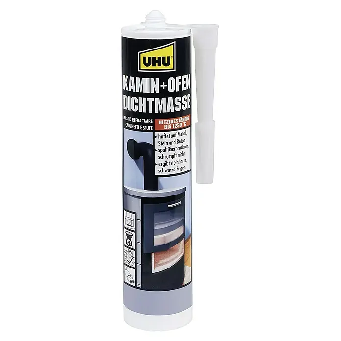 UHU Dichtmasse Kamin und Ofen - 530 g - UHU Kamin- und Ofen-Dichtmasse, hitzebeständig bis 1250°C, ideal für Metall, Stein und Beton. Schrumpft nicht und ergibt steinharte, schwarze Fugen.