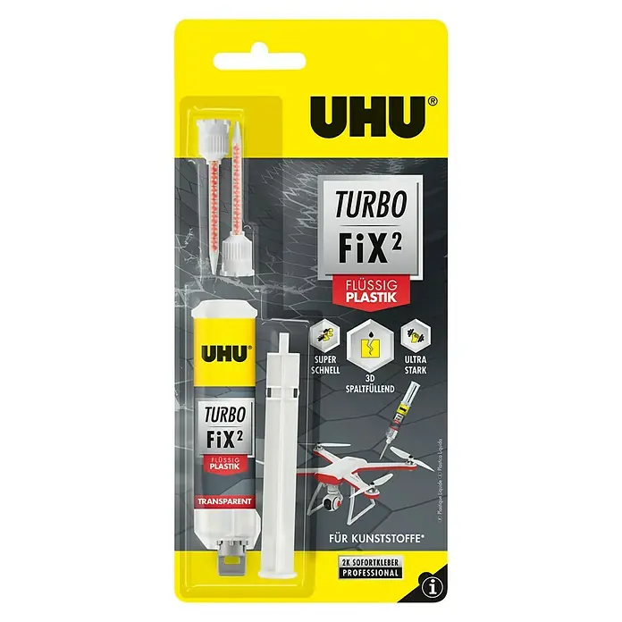 UHU Turbo Fix² 2-Komponenten-Kleber Flüssig Plastik - 10 g - UHU Turbo Fix 2 Flüssig-Plastik Klebstoff: Ein schnellhärtender, transparenter 2K-Kleber, ideal für Kunststoffe, mit hoher Füllkraft und starkem Halt.