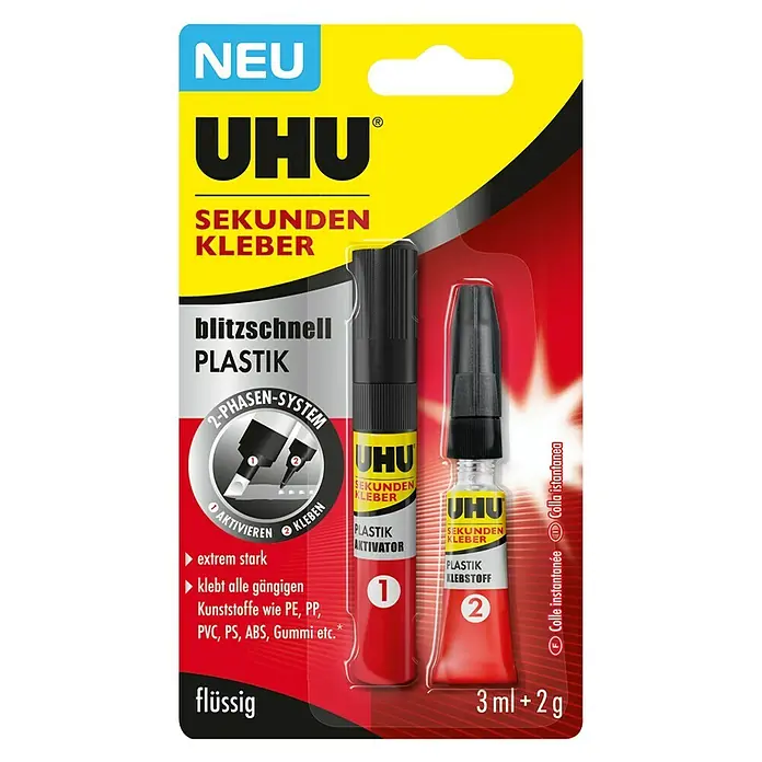UHU Sekundenkleber blitzschnell Plastik - 2 g, Flüssig - Bild der UHU Sekundenkleber Plastik-Verpackung, ein schnellhärtender Klebstoff für Kunststoffe in einer praktischen 2-Phasen-Anwendung.