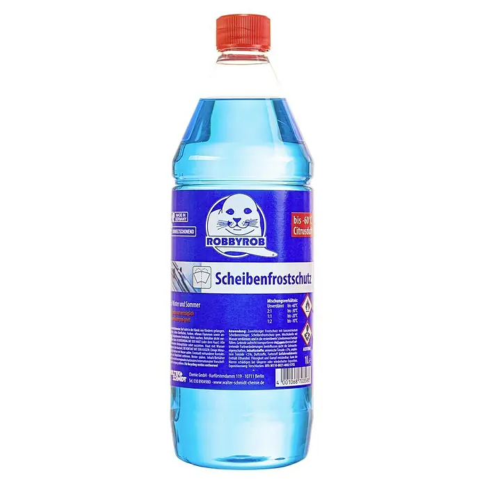 Robbyrob Scheibenfrostschutz-Mittel Klarblick - 1 l, Max. Frostbeständigkeit: -60 °C - Abbildung einer Flasche Robbyrob Scheibenfrostschutz, ein Scheibenreiniger mit Frostschutzmittel für Winter und Sommer.