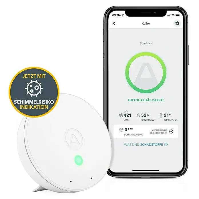 Airthings Luftqualitätsmonitor Wave Plus mit CO2- und Radonmeldung - Durchmesser: 119 mm, Batterielaufzeit: 1,5 Jahre - Intelligenter Luftqualitätssensor zur Überwachung von VOCs, Feuchtigkeit, Temperatur und Schimmelrisiko.
