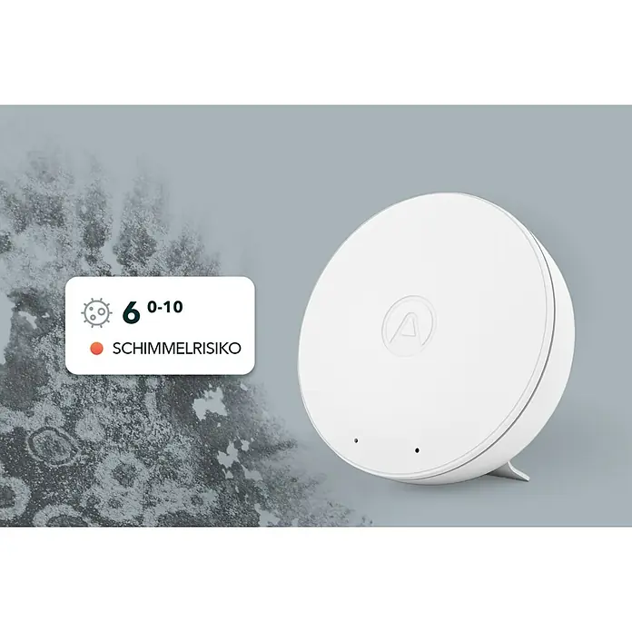Airthings Luftqualitätsmonitor Wave Plus mit CO2- und Radonmeldung - Durchmesser: 119 mm, Batterielaufzeit: 1,5 Jahre - Nahaufnahme eines weißen Schimmelrisiko-Sensors mit zugehöriger Anzeige neben einer Wand mit Schimmelbefall.