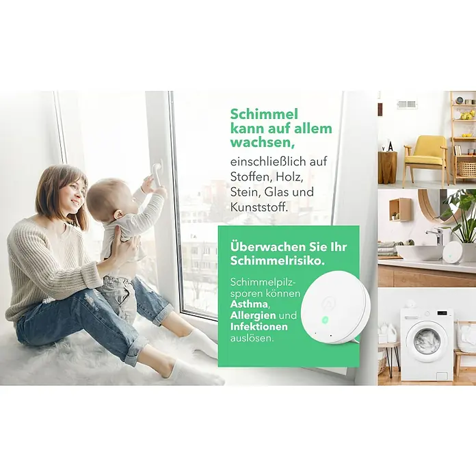 Airthings Luftqualitätsmonitor Wave Plus mit CO2- und Radonmeldung - Durchmesser: 119 mm, Batterielaufzeit: 1,5 Jahre - Eine Frau und ein Baby am Fenster, umgeben von Informationen über Schimmel und einem Schimmelsensor, der in verschiedenen Räumen platziert ist.