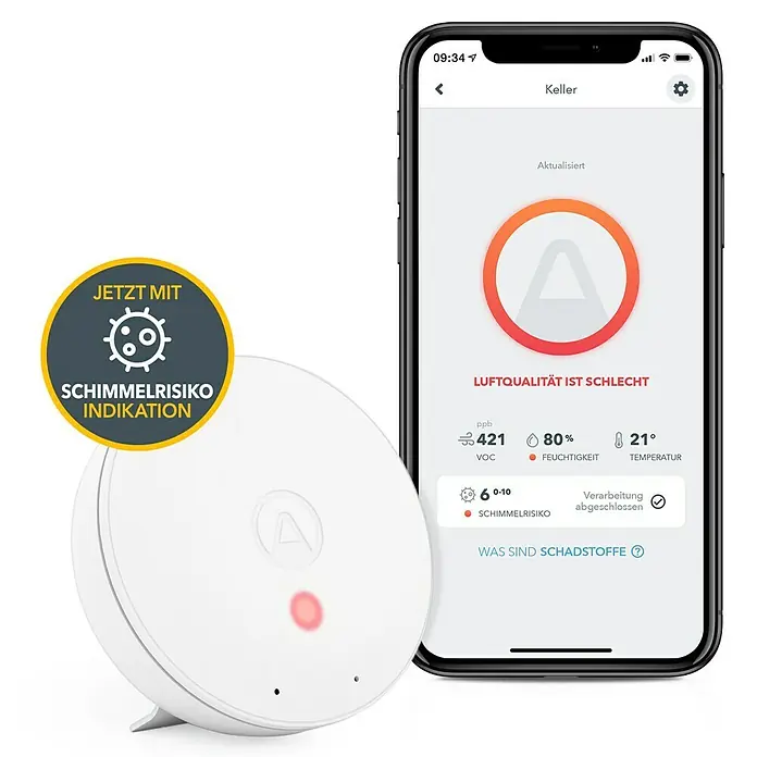 Airthings Luftqualitätsmonitor Wave Plus mit CO2- und Radonmeldung - Durchmesser: 119 mm, Batterielaufzeit: 1,5 Jahre - Ein intelligenter Luftsensor mit Schimmelrisiko-Indikation und zugehöriger App zur Überwachung der Luftqualität.
