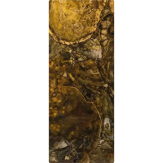 SanDesign Duschrückwandmuster Golden Onyx - 17,5 cm x 7 cm x 8 mm, Formen & Muster - Nahaufnahme eines polierten Edelsteins in Braun-, Gold- und Grautönen mit einzigartigen Mustern. Perfekt für Schmuck und Dekor.