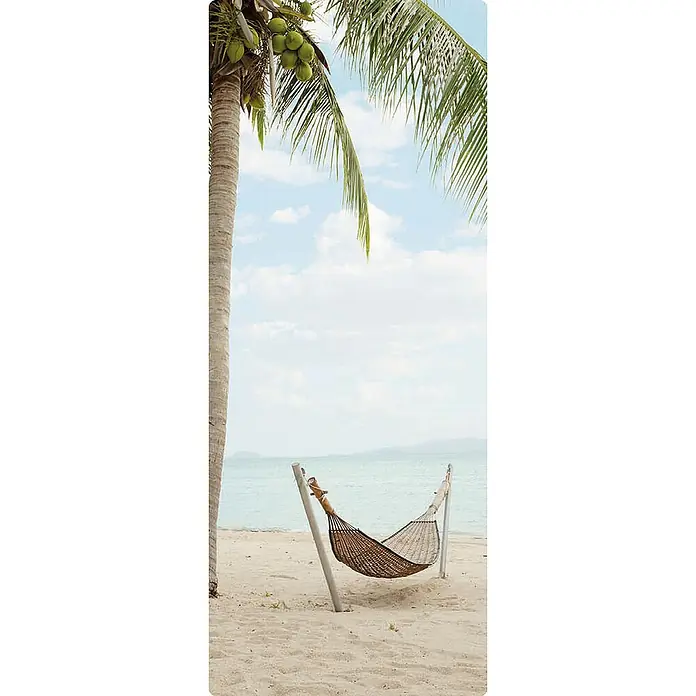 SanDesign Duschrückwandmuster Relaxation - 17,5 cm x 7 cm x 8 mm, Wasser - Entspannen Sie in dieser einladenden Hängematte am Strand, die zum Verweilen einlädt und unter Palmen pure Urlaubsstimmung verbreitet.