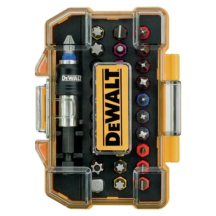 DeWalt Bit-Set DT7969 - 32 -tlg. - DeWalt Bit-Set im transparenten Gehäuse mit gelben Akzenten, ideal für Heimwerker und Profis.