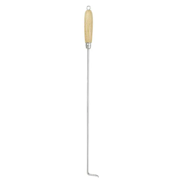 Grillgutwender - Länge: 50 cm - Ein Toilettenbürstenhalter mit einem hellen Holzgriff und einem langen, schlanken, silbernen Ständer mit einer abgewinkelten Basis zur Wandmontage.