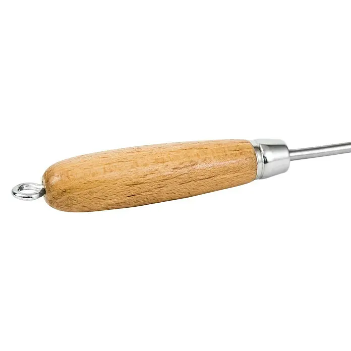 Grillgutwender - Länge: 50 cm - Nahaufnahme des Holzgriffs eines Grillwerkzeugs mit Metallende und Aufhängering, ideal für Grillliebhaber.
