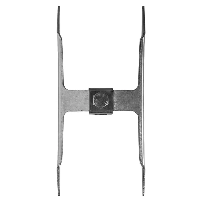 Drehspieß - Länge: 14 cm - Ein silberfarbenes Metallteil mit einer Schraube in der Mitte, das aussieht wie ein "H", auf einem schwarzen Hintergrund.