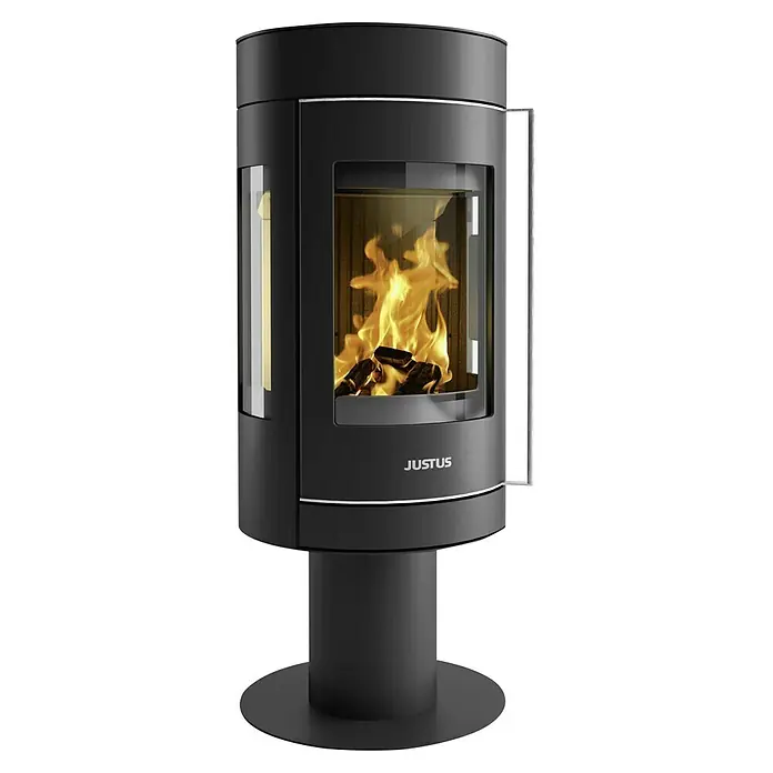 Justus Kaminofen Meva - 5,5 kW, Raumheizvermögen: 88 m³, Farbe Verkleidung: Schwarz, Schwarz - Moderner Justus Kaminofen mit großzügiger Glasscheibe und sichtbarem Flammenspiel für gemütliche Wärme und stilvolles Ambiente im Wohnraum.