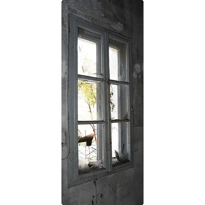 SanDesign Duschrückwandmuster Broken Window - 17,5 cm x 7 cm x 8 mm, Landschaft & Stadt - Altes Fenster mit zerbrochenem Glas, teilweise von Pflanzen überwuchert, in einem verfallenen Gebäude. Verwitterter Rahmen und brüchige Scheiben.
