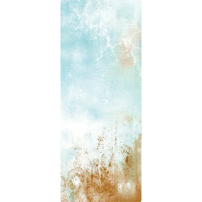SanDesign Duschrückwandmuster Copper Rust - 17,5 cm x 7 cm x 8 mm, Formen & Muster - Abstraktes Gemälde mit einem Mix aus Blau-, Weiß- und Brauntönen, das eine verwitterte Textur erzeugt und die Oberfläche des Produkts hervorhebt.