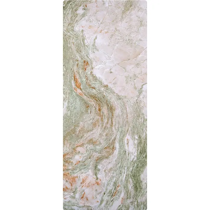 SanDesign Duschrückwandmuster Green Onyx - 17,5 cm x 7 cm x 8 mm, Formen & Muster - Nahaufnahme einer polierten Marmorplatte mit grünen, weißen und orangefarbenen Wirbeln, ideal für elegante Oberflächen.