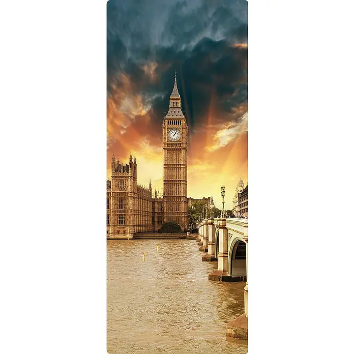 SanDesign Duschrückwandmuster London Tower - 17,5 cm x 7 cm x 8 mm, Landschaft & Stadt - Eine Ansicht von Big Ben und dem Westminsterpalast bei Sonnenuntergang, die architektonische Pracht und das Gold des Himmels vereint.
