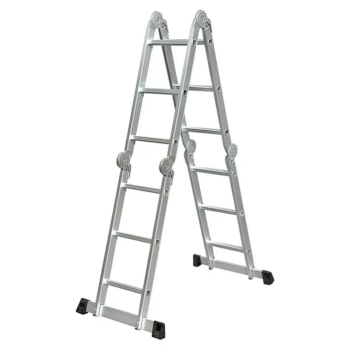 Mehrzweckleiter mit Plattform - Anzahl Tritte: 12 Stk., Arbeitshöhe: 4,3 m, Belastbarkeit: 150 kg, Aluminium - Bild einer Mehrzweckleiter aus Aluminium, die in A-Form aufgestellt ist. Für Heimwerker und Profis.